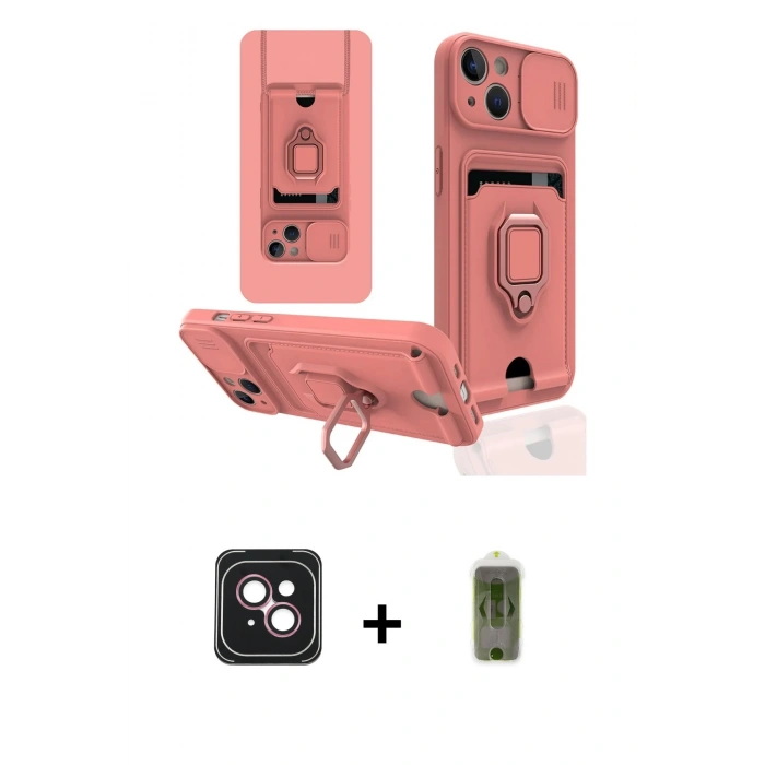 MARSİLYAN™- iPhone 14 Kılıf Vadi Form Prime - Siyah Joko Magic 5D Hayalet Cam + Pembe PVD Metal Kamera Lens