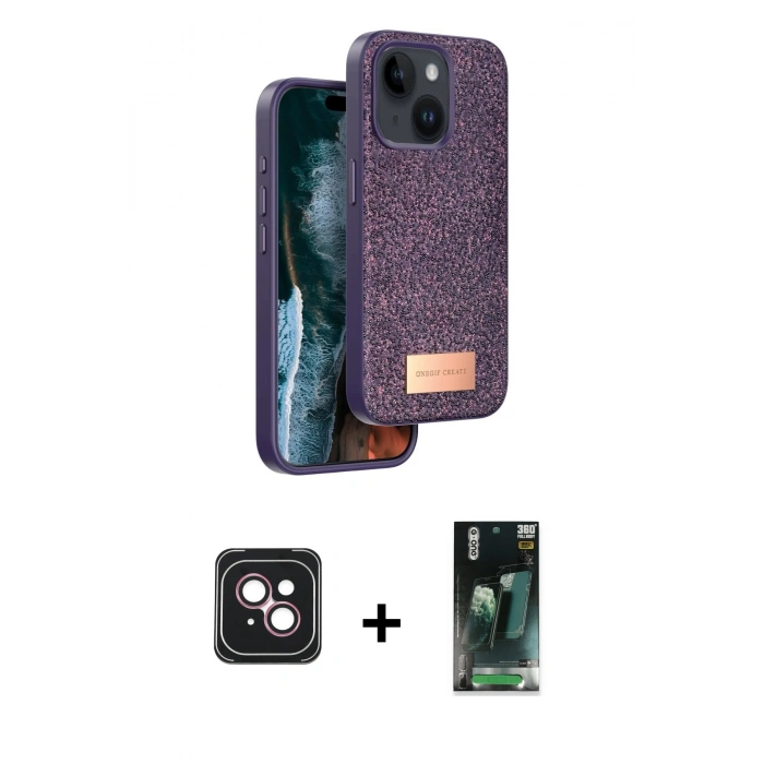 MARSİLYAN™- iPhone 14 Kılıf Vadi Klasik Serisi - Şeffaf 360 Full Body Arka Koruyucu + PVD Metal Kamera Lens - PE