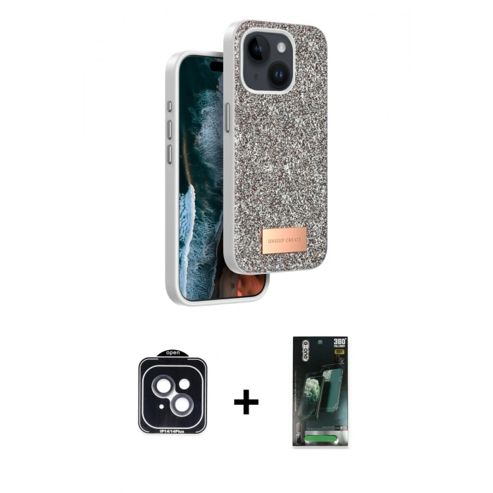 MARSİLYAN™- iPhone 14 Kılıf Vadi Klasik Serisi - Şeffaf 360 Full Body Arka Koruyucu + PVD Metal Kamera Lens - SH