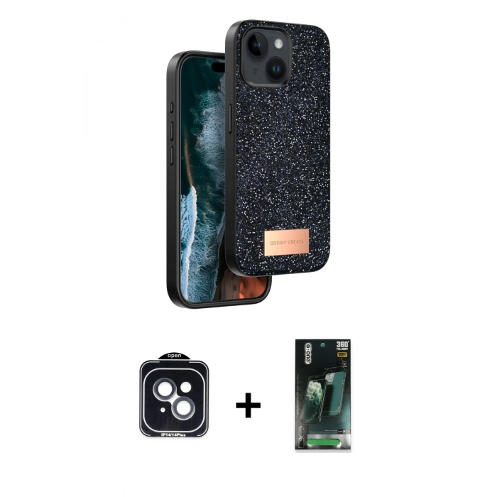 MARSİLYAN™- iPhone 14 Kılıf Vadi Klasik Serisi - Şeffaf 360 Full Body Arka Koruyucu + PVD Metal Kamera Lens - SH
