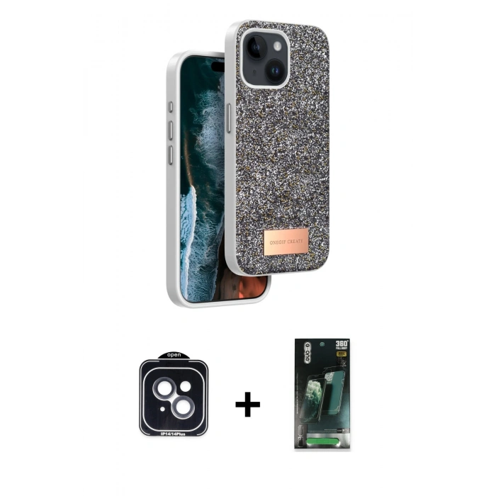 MARSİLYAN™- iPhone 14 Kılıf Vadi Klasik Serisi - Şeffaf 360 Full Body Arka Koruyucu + PVD Metal Kamera Lens - SH