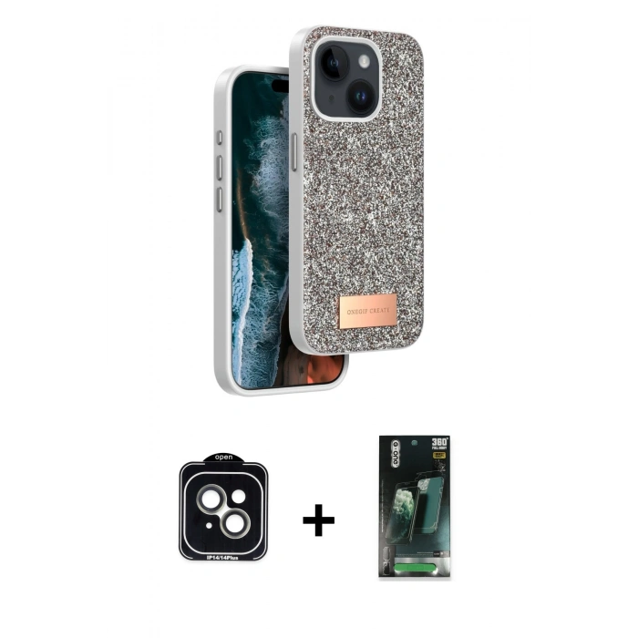 MARSİLYAN™- iPhone 14 Kılıf Vadi Klasik Serisi - Şeffaf 360 Full Body Arka Koruyucu + PVD Metal Kamera Lens - YL