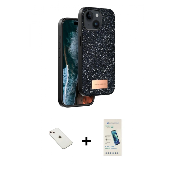 MARSİLYAN™- iPhone 14 Kılıf Vadi Klasik Serisi - Şeffaf Pasifik Cam Ekran Koruyucu + Diamond Kamera Lens - PE