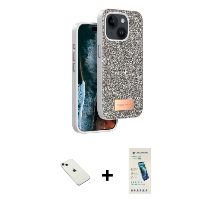 MARSİLYAN™- iPhone 14 Kılıf Vadi Klasik Serisi - Şeffaf Pasifik Cam Ekran Koruyucu + Diamond Kamera Lens - YL