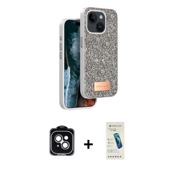 MARSİLYAN™- iPhone 14 Kılıf Vadi Klasik Serisi - Şeffaf Pasifik Cam Ekran Koruyucu + PVD Metal Kamera Lens - YL