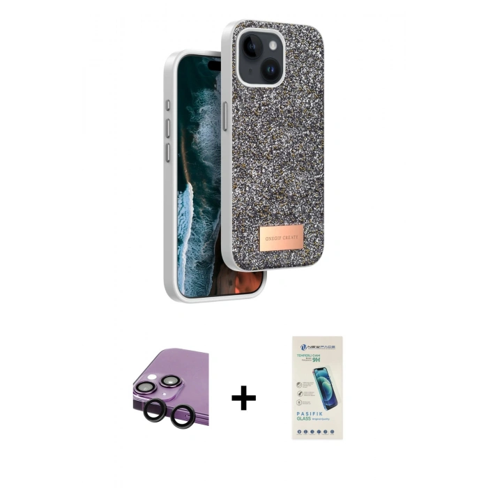 MARSİLYAN™- iPhone 14 Kılıf Vadi Klasik Serisi - Şeffaf Pasifik Cam Ekran Koruyucu + Raze Metal Kamera Lens - SH
