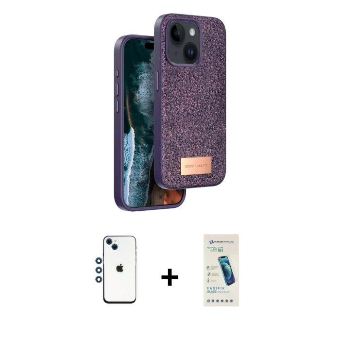 MARSİLYAN™- iPhone 14 Kılıf Vadi Klasik Serisi - Şeffaf Pasifik Cam Ekran Koruyucu + Shine Kamera Lens - MI
