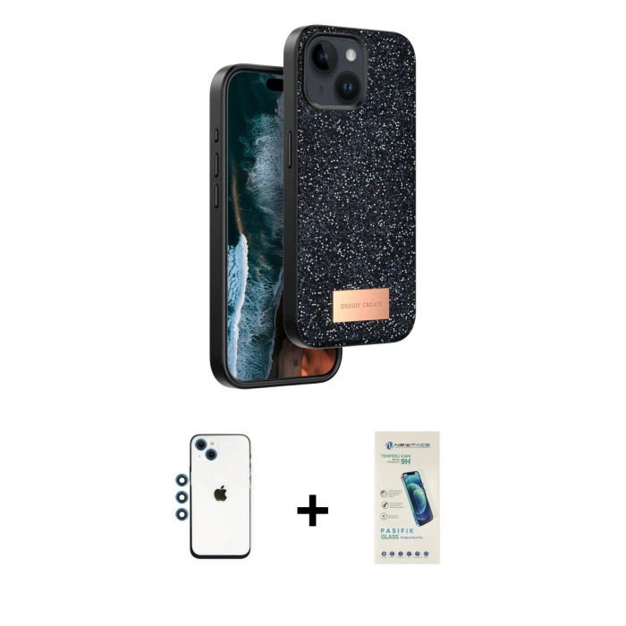 MARSİLYAN™- iPhone 14 Kılıf Vadi Klasik Serisi - Şeffaf Pasifik Cam Ekran Koruyucu + Shine Kamera Lens - MI