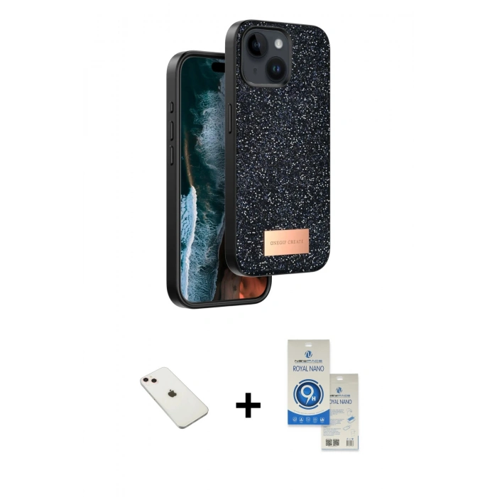 MARSİLYAN™- iPhone 14 Kılıf Vadi Klasik Serisi - Şeffaf Royal Nano Ekran Koruyucu + Diamond Kamera Lens - PE