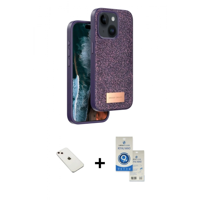 MARSİLYAN™- iPhone 14 Kılıf Vadi Klasik Serisi - Şeffaf Royal Nano Ekran Koruyucu + Diamond Kamera Lens - PE
