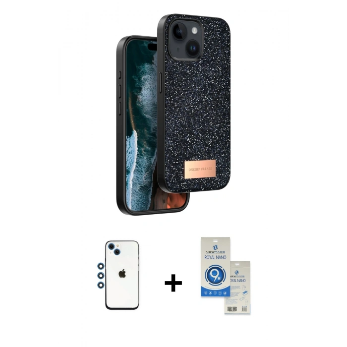 MARSİLYAN™- iPhone 14 Kılıf Vadi Klasik Serisi - Şeffaf Royal Nano Ekran Koruyucu + Shine Kamera Lens - MI