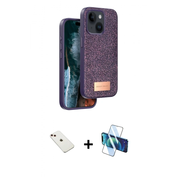 MARSİLYAN™- iPhone 14 Kılıf Vadi Klasik Serisi - Siyah 3D Antistatik Cam Ekran Koruyucu + Diamond Kamera Lens - KI