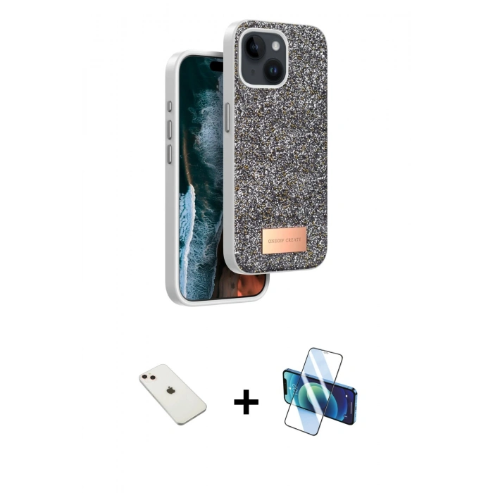 MARSİLYAN™- iPhone 14 Kılıf Vadi Klasik Serisi - Siyah 3D Antistatik Cam Ekran Koruyucu + Diamond Kamera Lens - PE