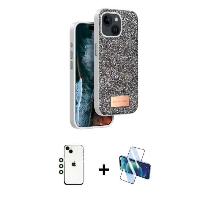 MARSİLYAN™- iPhone 14 Kılıf Vadi Klasik Serisi - Siyah 3D Antistatik Cam Ekran Koruyucu + Shine Kamera Lens - YL