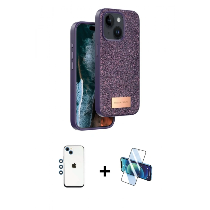 MARSİLYAN™- iPhone 14 Kılıf Vadi Klasik Serisi - Siyah 3D Antistatik Cam Ekran Koruyucu + Shine Kamera Lens - MI