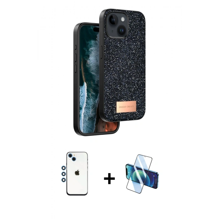 MARSİLYAN™- iPhone 14 Kılıf Vadi Klasik Serisi - Siyah 3D Antistatik Cam Ekran Koruyucu + Shine Kamera Lens - MI