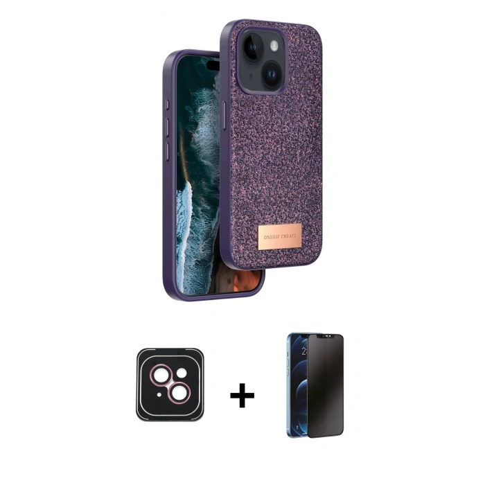 MARSİLYAN™- iPhone 14 Kılıf Vadi Klasik Serisi - Siyah 3D Antistatik Hayalet Cam Ekran Koruyucu + PVD Metal Kamera Lens - PE