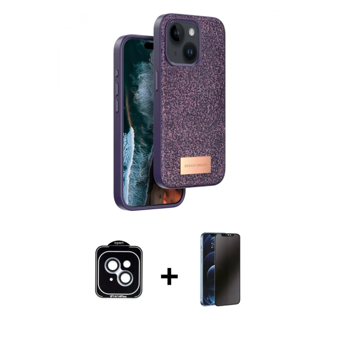 MARSİLYAN™- iPhone 14 Kılıf Vadi Klasik Serisi - Siyah 3D Antistatik Hayalet Cam Ekran Koruyucu + PVD Metal Kamera Lens - MI