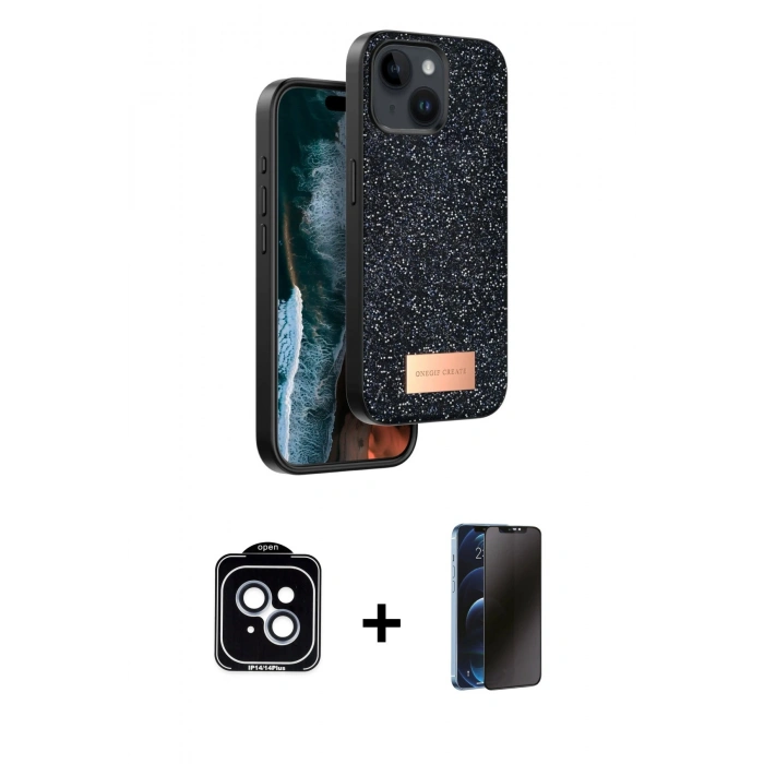 MARSİLYAN™- iPhone 14 Kılıf Vadi Klasik Serisi - Siyah 3D Antistatik Hayalet Cam Ekran Koruyucu + PVD Metal Kamera Lens - MI