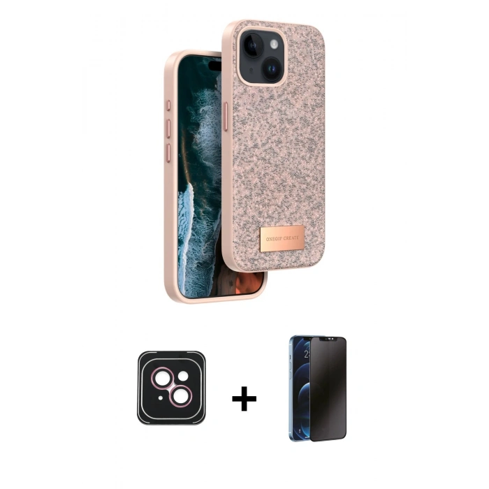 MARSİLYAN™- iPhone 14 Kılıf Vadi Klasik Serisi - Siyah 3D Antistatik Hayalet Cam Ekran Koruyucu + PVD Metal Kamera Lens - PE