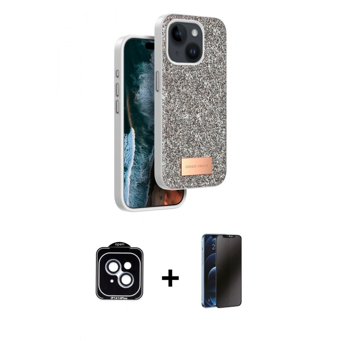 MARSİLYAN™- iPhone 14 Kılıf Vadi Klasik Serisi - Siyah 3D Antistatik Hayalet Cam Ekran Koruyucu + PVD Metal Kamera Lens - MI