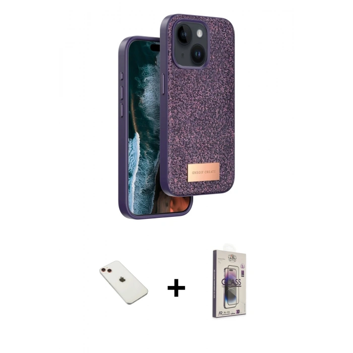 MARSİLYAN™- iPhone 14 Kılıf Vadi Klasik Serisi - Siyah Bilvis 3D Cam Ekran Koruyucu + Diamond Kamera Lens - KI
