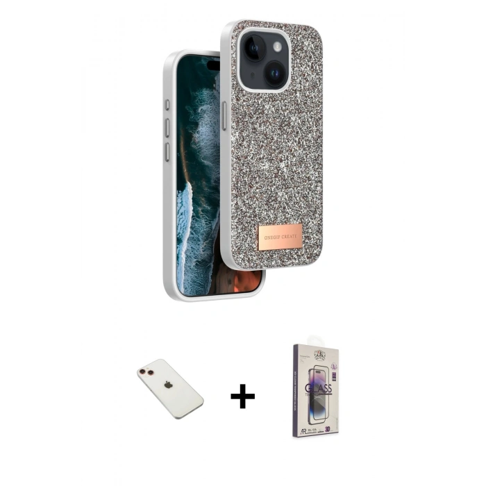 MARSİLYAN™- iPhone 14 Kılıf Vadi Klasik Serisi - Siyah Bilvis 3D Cam Ekran Koruyucu + Diamond Kamera Lens - KI