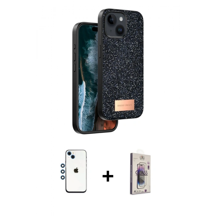 MARSİLYAN™- iPhone 14 Kılıf Vadi Klasik Serisi - Siyah Bilvis 3D Cam Ekran Koruyucu + Shine Kamera Lens - MI