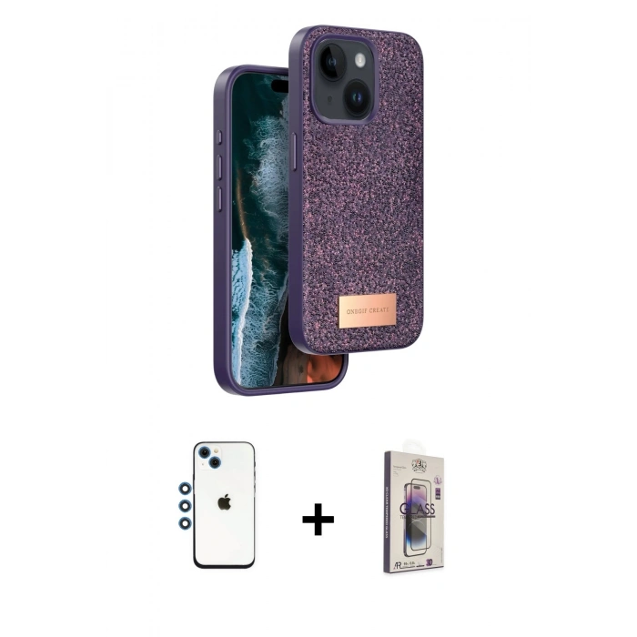 MARSİLYAN™- iPhone 14 Kılıf Vadi Klasik Serisi - Siyah Bilvis 3D Cam Ekran Koruyucu + Shine Kamera Lens - MI