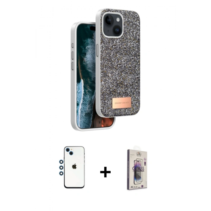 MARSİLYAN™- iPhone 14 Kılıf Vadi Klasik Serisi - Siyah Bilvis 3D Cam Ekran Koruyucu + Shine Kamera Lens - MI