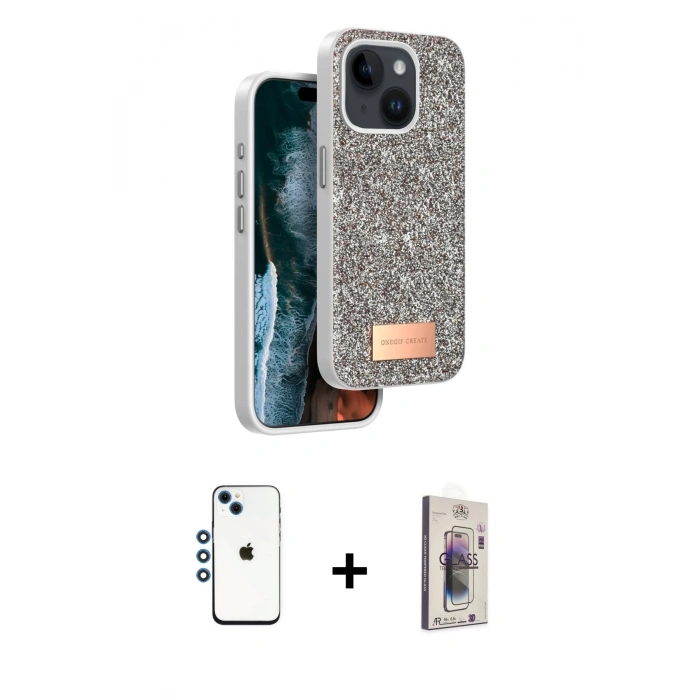 MARSİLYAN™- iPhone 14 Kılıf Vadi Klasik Serisi - Siyah Bilvis 3D Cam Ekran Koruyucu + Shine Kamera Lens - MI