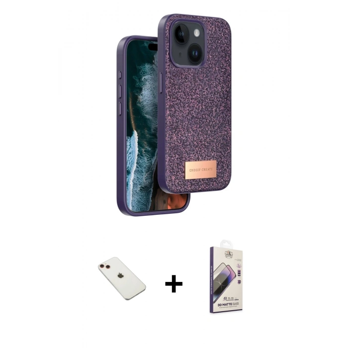MARSİLYAN™- iPhone 14 Kılıf Vadi Klasik Serisi - Siyah Bilvis 3D Mat Cam Ekran Koruyucu + Diamond Kamera Lens - KI