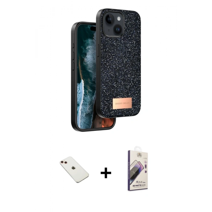 MARSİLYAN™- iPhone 14 Kılıf Vadi Klasik Serisi - Siyah Bilvis 3D Mat Cam Ekran Koruyucu + Diamond Kamera Lens - KI