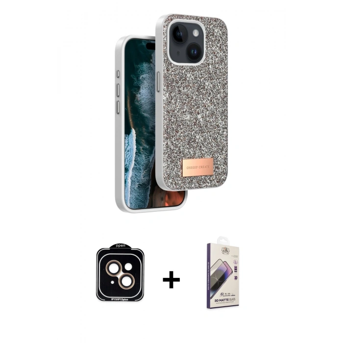 MARSİLYAN™- iPhone 14 Kılıf Vadi Klasik Serisi - Siyah Bilvis 3D Mat Cam Ekran Koruyucu + PVD Metal Kamera Lens - TU