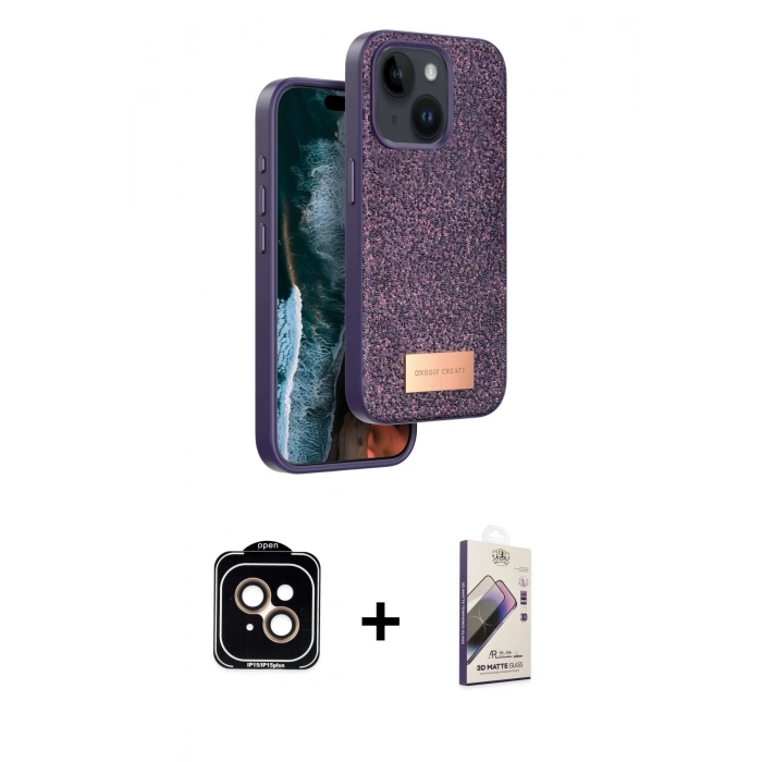 MARSİLYAN™- iPhone 14 Kılıf Vadi Klasik Serisi - Siyah Bilvis 3D Mat Cam Ekran Koruyucu + PVD Metal Kamera Lens - TU