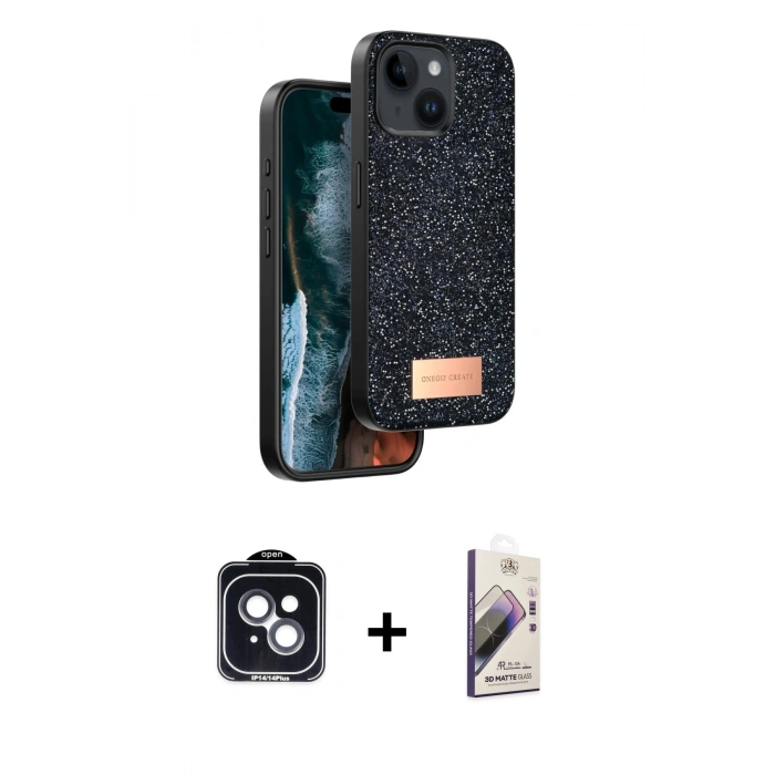 MARSİLYAN™- iPhone 14 Kılıf Vadi Klasik Serisi - Siyah Bilvis 3D Mat Cam Ekran Koruyucu + PVD Metal Kamera Lens - SH