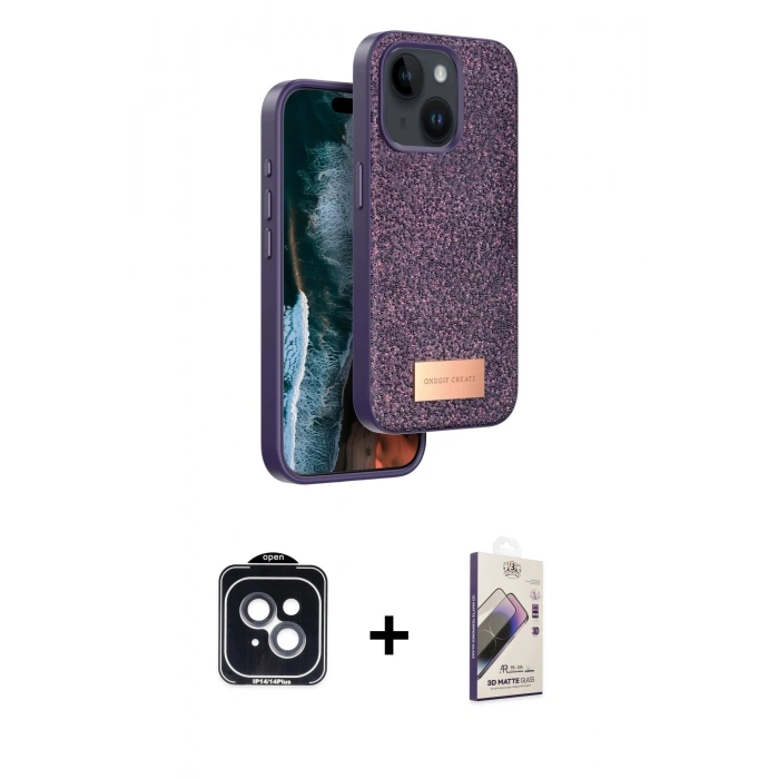 MARSİLYAN™- iPhone 14 Kılıf Vadi Klasik Serisi - Siyah Bilvis 3D Mat Cam Ekran Koruyucu + PVD Metal Kamera Lens - SH