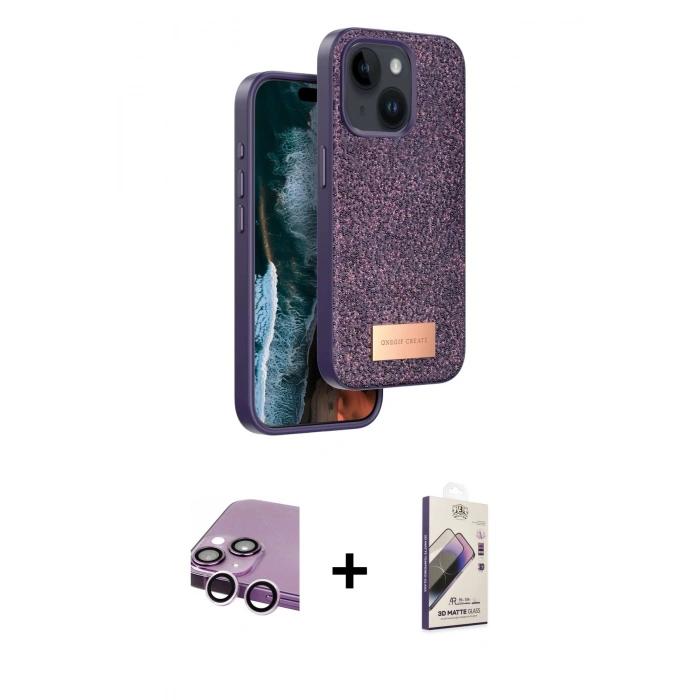 MARSİLYAN™- iPhone 14 Kılıf Vadi Klasik Serisi - Siyah Bilvis 3D Mat Cam Ekran Koruyucu + Raze Metal Kamera Lens - MR