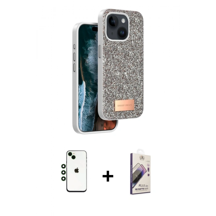 MARSİLYAN™- iPhone 14 Kılıf Vadi Klasik Serisi - Siyah Bilvis 3D Mat Cam Ekran Koruyucu + Shine Kamera Lens - YL