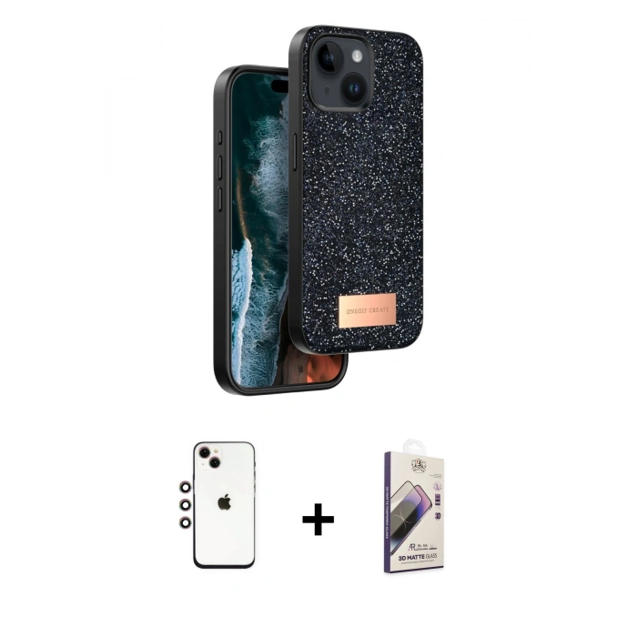 MARSİLYAN™- iPhone 14 Kılıf Vadi Klasik Serisi - Siyah Bilvis 3D Mat Cam Ekran Koruyucu + Shine Kamera Lens - GI