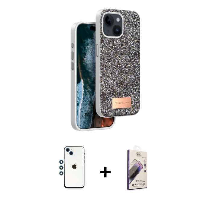 MARSİLYAN™- iPhone 14 Kılıf Vadi Klasik Serisi - Siyah Bilvis 3D Mat Cam Ekran Koruyucu + Shine Kamera Lens - MI