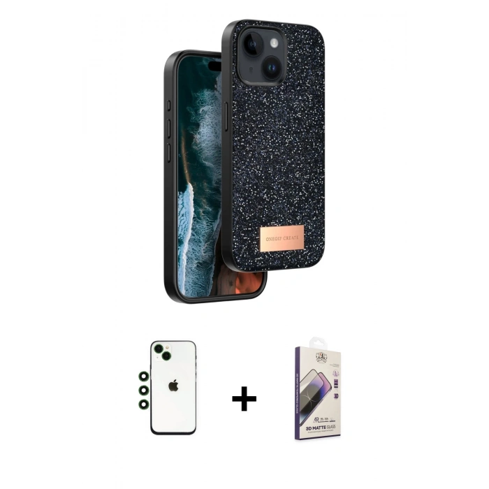 MARSİLYAN™- iPhone 14 Kılıf Vadi Klasik Serisi - Siyah Bilvis 3D Mat Cam Ekran Koruyucu + Shine Kamera Lens - YL