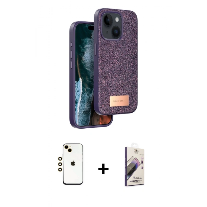 MARSİLYAN™- iPhone 14 Kılıf Vadi Klasik Serisi - Siyah Bilvis 3D Mat Cam Ekran Koruyucu + Shine Kamera Lens - GD