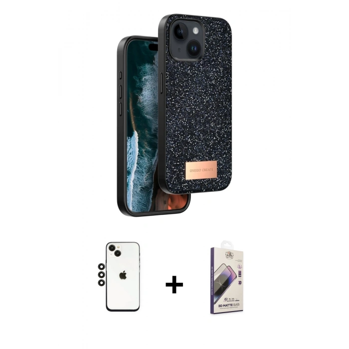 MARSİLYAN™- iPhone 14 Kılıf Vadi Klasik Serisi - Siyah Bilvis 3D Mat Cam Ekran Koruyucu + Shine Kamera Lens - SH