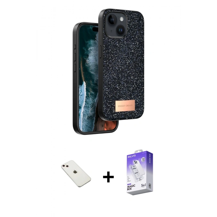 MARSİLYAN™- iPhone 14 Kılıf Vadi Klasik Serisi - Siyah Bilvis 5in1 3D Magic Cam Ekran Koruyucu + Diamond Kamera Lens - PE