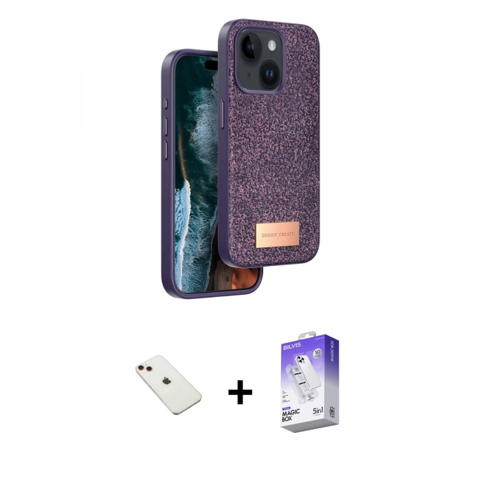 MARSİLYAN™- iPhone 14 Kılıf Vadi Klasik Serisi - Siyah Bilvis 5in1 3D Magic Cam Ekran Koruyucu + Diamond Kamera Lens - KI