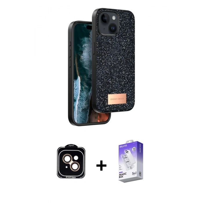 MARSİLYAN™- iPhone 14 Kılıf Vadi Klasik Serisi - Siyah Bilvis 5in1 3D Magic Cam Ekran Koruyucu + PVD Metal Kamera Lens - TU