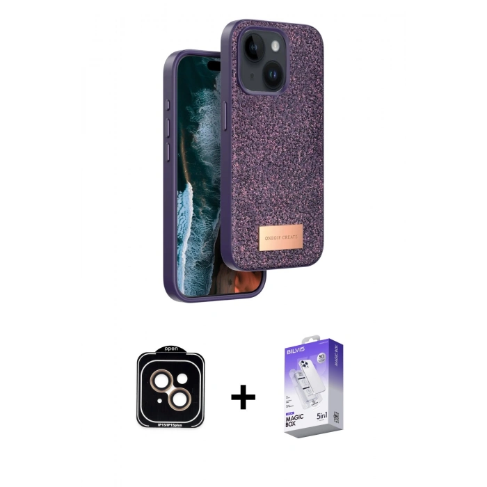 MARSİLYAN™- iPhone 14 Kılıf Vadi Klasik Serisi - Siyah Bilvis 5in1 3D Magic Cam Ekran Koruyucu + PVD Metal Kamera Lens - TU