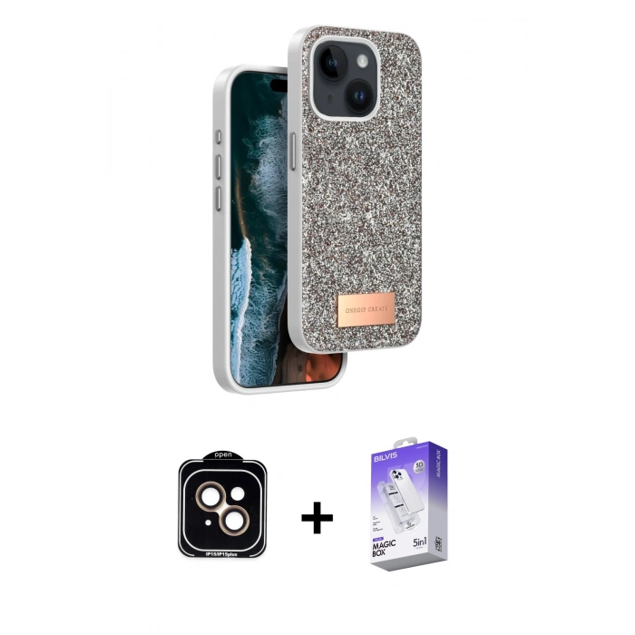 MARSİLYAN™- iPhone 14 Kılıf Vadi Klasik Serisi - Siyah Bilvis 5in1 3D Magic Cam Ekran Koruyucu + PVD Metal Kamera Lens - TU