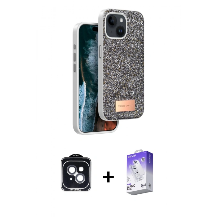 MARSİLYAN™- iPhone 14 Kılıf Vadi Klasik Serisi - Siyah Bilvis 5in1 3D Magic Cam Ekran Koruyucu + PVD Metal Kamera Lens - SH